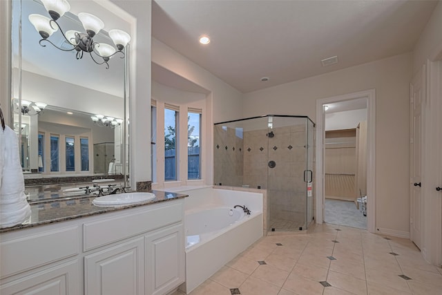 8707 Crossriver Ln, Houston, TX 77095 - full bathroom with a shower stall, a bath, vanity, tile patterned floors, and recessed lighting