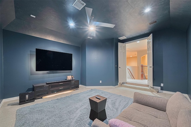 8707 Crossriver Ln, Houston, TX 77095 - carpeted living area with vaulted ceiling, a textured ceiling, a ceiling fan, and recessed lighting