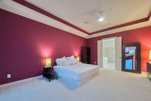 8707 Crossriver Ln, Houston, TX 77095 - carpeted bedroom with crown molding, ensuite bathroom, and a ceiling fan