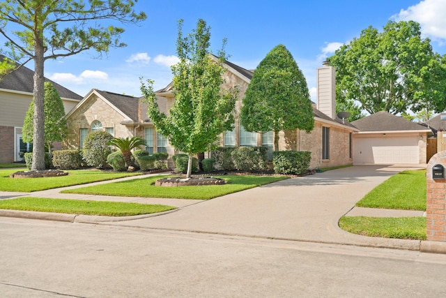 1512 Pine Ridge Ln, Pearland, TX 77581 - view of front of home with brick siding, a front yard, concrete driveway, and a chimney