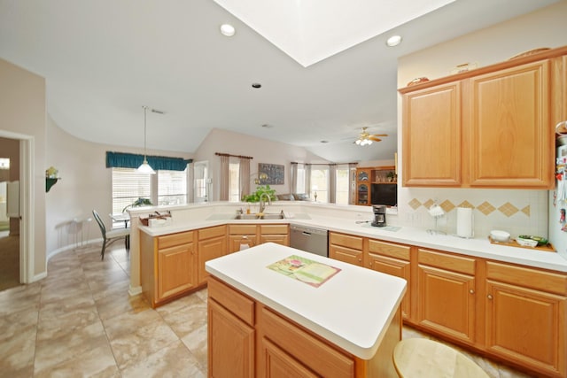 1512 Pine Ridge Ln, Pearland, TX 77581 - kitchen with stainless steel dishwasher, lofted ceiling, a peninsula, decorative backsplash, and light countertops