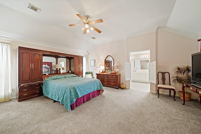1512 Pine Ridge Ln, Pearland, TX 77581 - bedroom featuring vaulted ceiling, light carpet, ornamental molding, ceiling fan, and connected bathroom