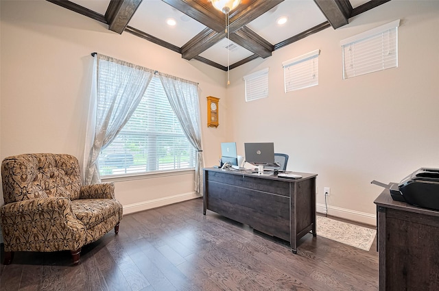 19415 Maifest Dr, Cypress, TX 77433 - office space with coffered ceiling, dark wood-style floors, beamed ceiling, recessed lighting, and crown molding