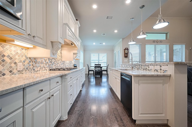 19415 Maifest Dr, Cypress, TX 77433 - kitchen featuring black dishwasher, tasteful backsplash, white cabinetry, ornamental molding, and stainless steel gas cooktop