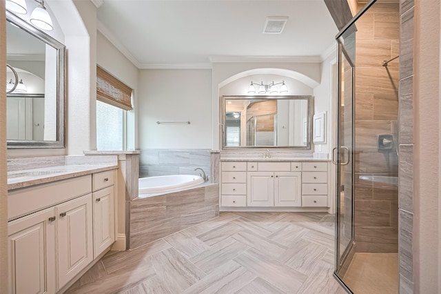 19415 Maifest Dr, Cypress, TX 77433 - full bath featuring crown molding, a stall shower, two vanities, and a bath