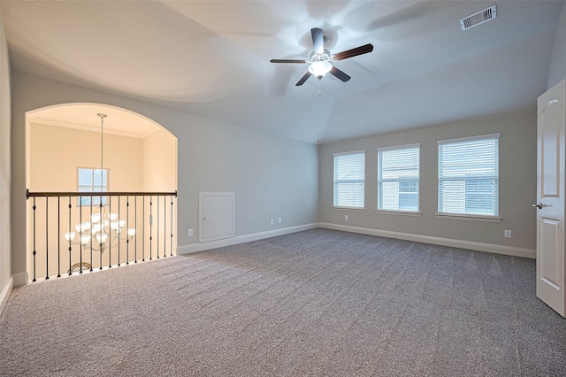 19415 Maifest Dr, Cypress, TX 77433 - spare room with ceiling fan, carpet floors, vaulted ceiling, and a chandelier