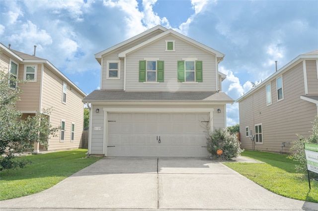 1119 Grassy View Dr, Houston, TX 77073 - traditional-style home featuring roof with shingles, a garage, concrete driveway, and a front lawn
