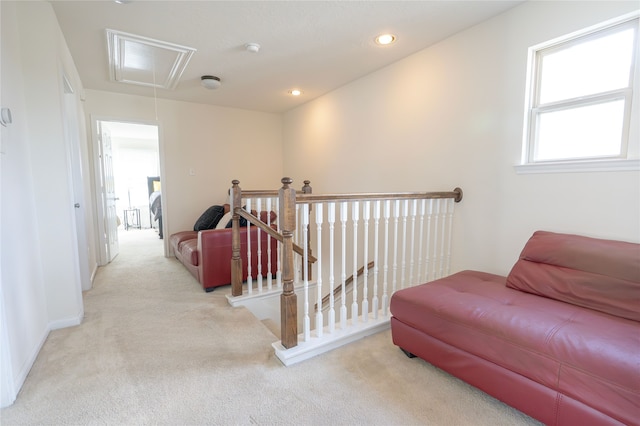 1119 Grassy View Dr, Houston, TX 77073 - corridor with attic access, carpet flooring, an upstairs landing, and recessed lighting