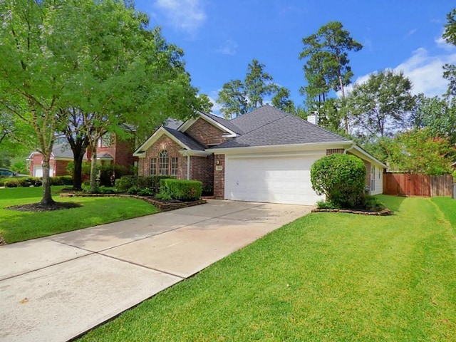 20726 Redbud Trl, Humble, TX 77346 - view of front facade with a garage, driveway, brick siding, a chimney, and roof with shingles