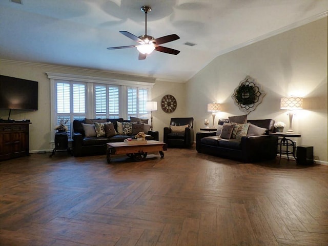20726 Redbud Trl, Humble, TX 77346 - living area with a ceiling fan, lofted ceiling, and ornamental molding