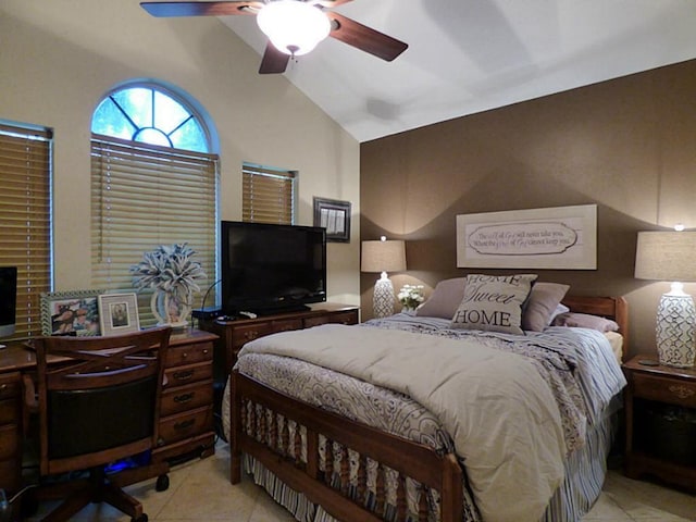 20726 Redbud Trl, Humble, TX 77346 - bedroom with light tile patterned flooring, lofted ceiling, a desk, and a ceiling fan
