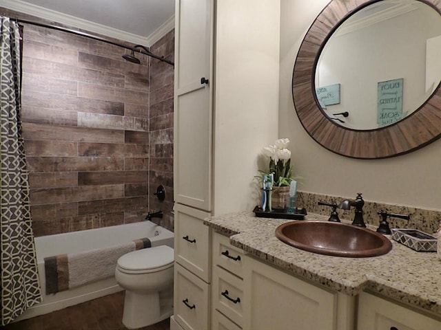 20726 Redbud Trl, Humble, TX 77346 - bathroom featuring vanity, shower / bath combination with curtain, ornamental molding, and wood finished floors