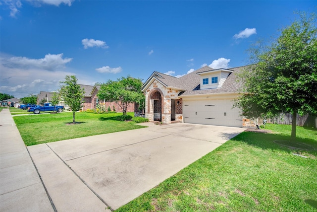 3053 Peterson Cir, Bryan, TX 77802 - view of front facade featuring stone siding, driveway, a front yard, roof with shingles, and a garage