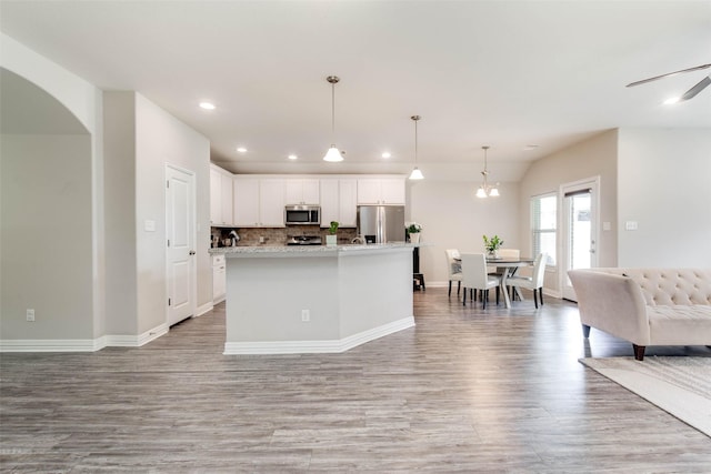 3053 Peterson Cir, Bryan, TX 77802 - kitchen featuring appliances with stainless steel finishes, open floor plan, light wood-type flooring, recessed lighting, and white cabinetry