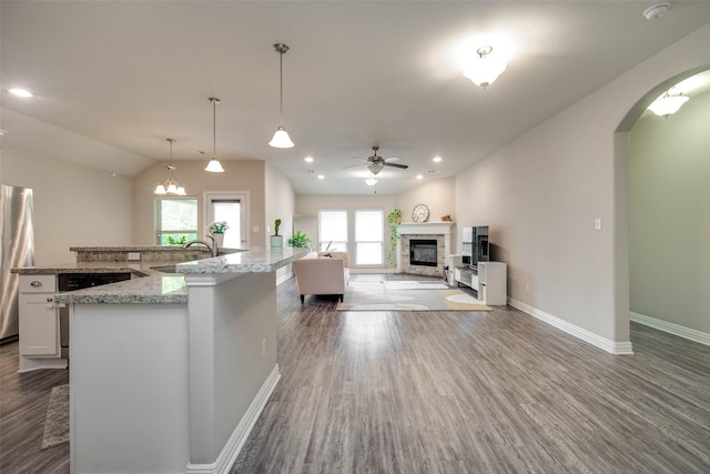 3053 Peterson Cir, Bryan, TX 77802 - kitchen featuring a glass covered fireplace, wood finished floors, a ceiling fan, lofted ceiling, and recessed lighting