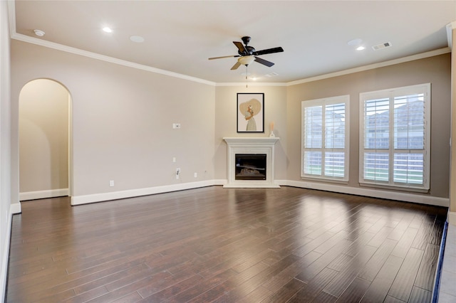 4023 Turning Manor Ln, Sugar Land, TX 77479 - unfurnished living room featuring a ceiling fan, dark wood finished floors, a glass covered fireplace, crown molding, and recessed lighting