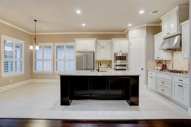 4023 Turning Manor Ln, Sugar Land, TX 77479 - kitchen with appliances with stainless steel finishes, under cabinet range hood, light stone counters, ornamental molding, and a kitchen island with sink