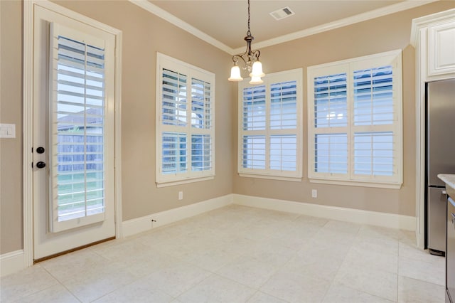 4023 Turning Manor Ln, Sugar Land, TX 77479 - unfurnished dining area featuring a chandelier, crown molding, and light tile patterned floors