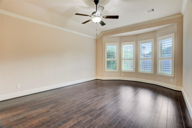 4023 Turning Manor Ln, Sugar Land, TX 77479 - empty room with a ceiling fan, dark wood finished floors, vaulted ceiling, and ornamental molding