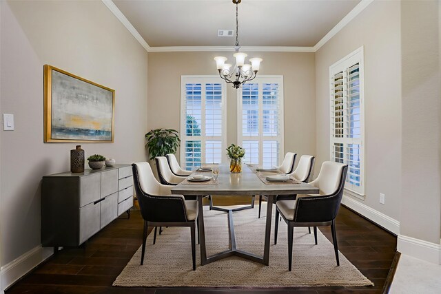 4023 Turning Manor Ln, Sugar Land, TX 77479 - dining space with dark wood-style flooring, a chandelier, and ornamental molding