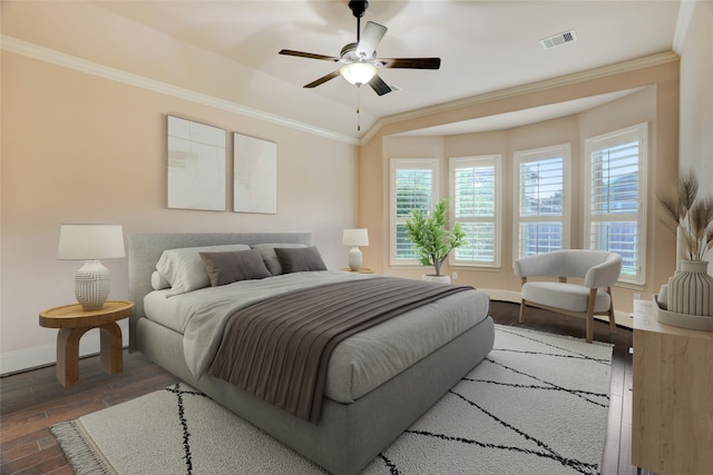 4023 Turning Manor Ln, Sugar Land, TX 77479 - bedroom featuring hardwood / wood-style floors, crown molding, and a ceiling fan