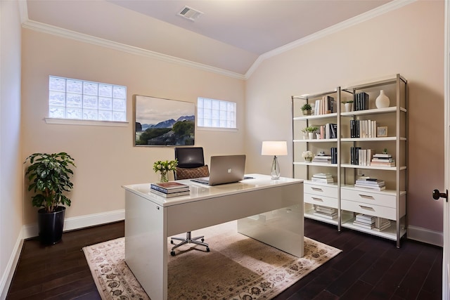 4023 Turning Manor Ln, Sugar Land, TX 77479 - office featuring crown molding, dark wood-type flooring, and lofted ceiling