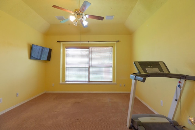 22110 Nobles Crossing Dr, Spring, TX 77373 - workout area with ceiling fan, carpet, and vaulted ceiling