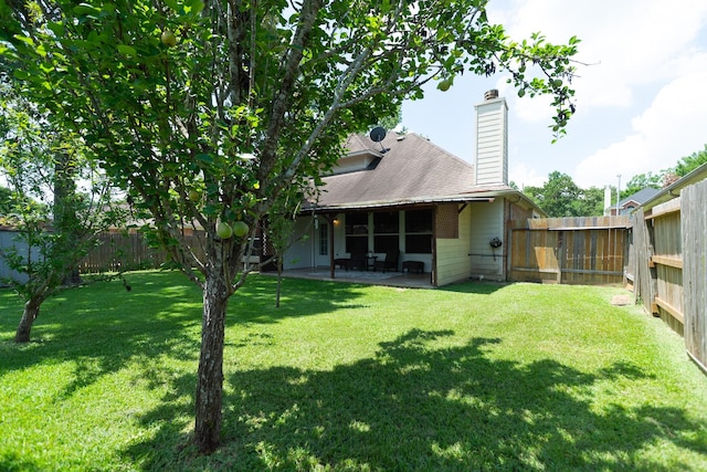22110 Nobles Crossing Dr, Spring, TX 77373 - rear view of house with a fenced backyard, a patio, a chimney, and a shingled roof