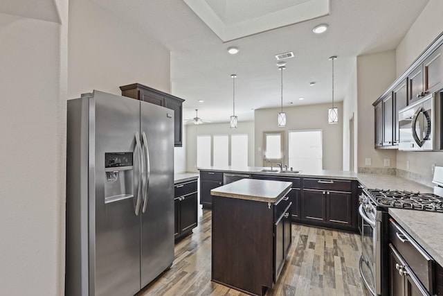5207 Corbridge Glen Ct, Katy, TX 77449 - kitchen featuring appliances with stainless steel finishes, a peninsula, ceiling fan, light wood-type flooring, and dark brown cabinets