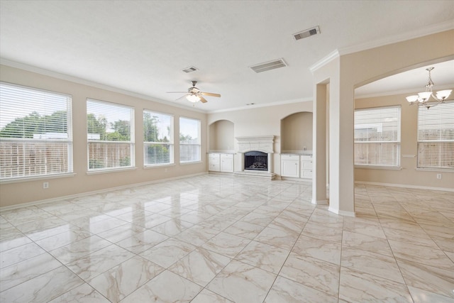 2439 Chuckberry St, Houston, TX 77080 - unfurnished living room with light marble finish flooring, ornamental molding, a chandelier, ceiling fan, and a fireplace with raised hearth