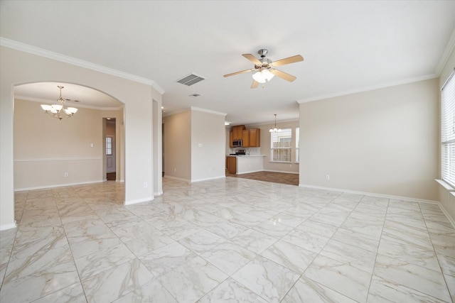 2439 Chuckberry St, Houston, TX 77080 - unfurnished living room featuring a chandelier, light marble finish flooring, arched walkways, ornamental molding, and a ceiling fan