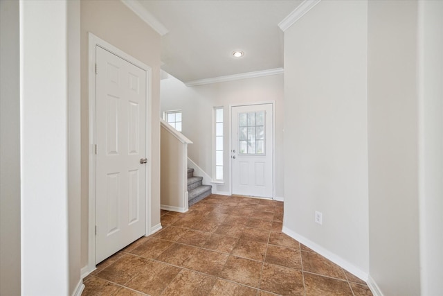2439 Chuckberry St, Houston, TX 77080 - entryway with ornamental molding, stairway, and recessed lighting