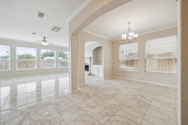 2439 Chuckberry St, Houston, TX 77080 - empty room featuring light marble finish floors, crown molding, a fireplace with raised hearth, arched walkways, and a ceiling fan