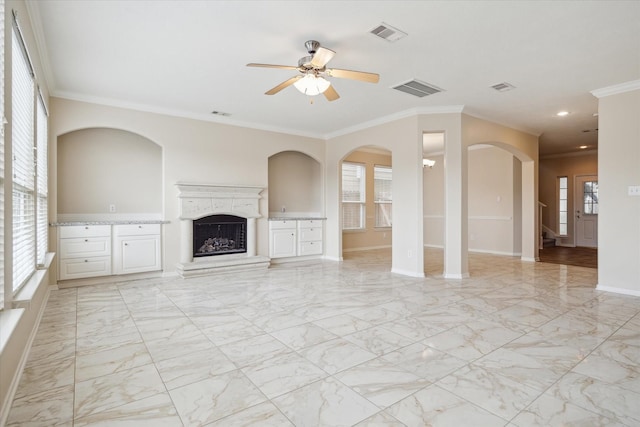 2439 Chuckberry St, Houston, TX 77080 - unfurnished living room with a fireplace with raised hearth, ornamental molding, a ceiling fan, light marble finish flooring, and recessed lighting