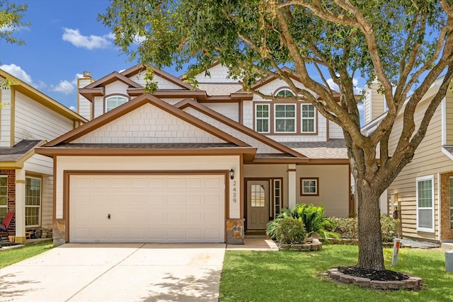 2439 Chuckberry St, Houston, TX 77080 - view of front facade with a garage, concrete driveway, a front lawn, stone siding, and roof with shingles