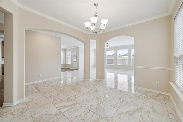 2439 Chuckberry St, Houston, TX 77080 - spare room featuring arched walkways, a chandelier, ornamental molding, and light marble finish flooring