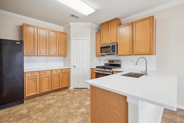 2439 Chuckberry St, Houston, TX 77080 - kitchen featuring appliances with stainless steel finishes, a peninsula, light countertops, decorative backsplash, and ornamental molding
