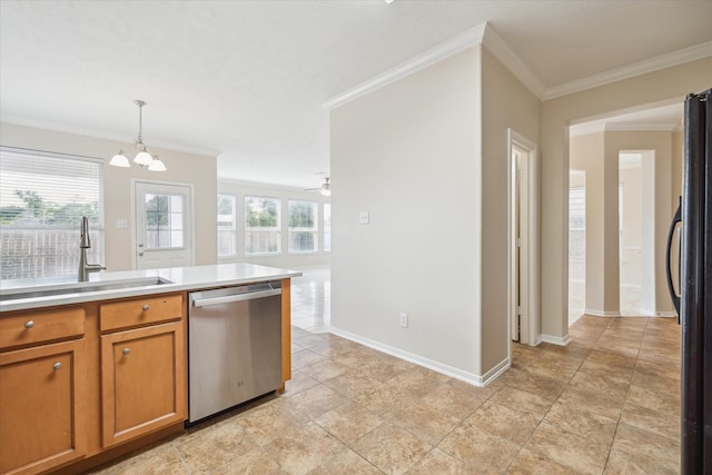 2439 Chuckberry St, Houston, TX 77080 - kitchen with stainless steel dishwasher, brown cabinets, ornamental molding, hanging light fixtures, and a chandelier