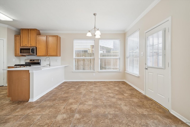 2439 Chuckberry St, Houston, TX 77080 - kitchen featuring appliances with stainless steel finishes, ornamental molding, a chandelier, light countertops, and decorative light fixtures