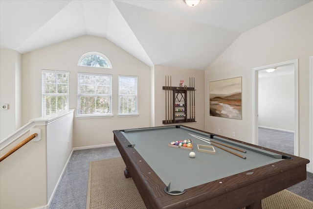 2439 Chuckberry St, Houston, TX 77080 - rec room with carpet flooring, vaulted ceiling, and billiards table