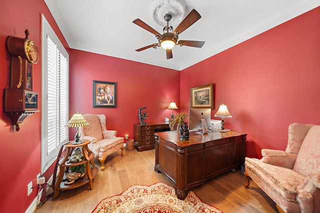 1310 Whispering Pines Dr, Houston, TX 77055 - office area featuring wood finished floors, ceiling fan, and ornamental molding