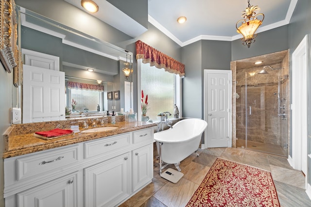 1310 Whispering Pines Dr, Houston, TX 77055 - bathroom featuring vanity, a shower stall, a freestanding tub, and ornamental molding