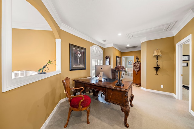 1310 Whispering Pines Dr, Houston, TX 77055 - office with attic access, crown molding, carpet, arched walkways, and recessed lighting