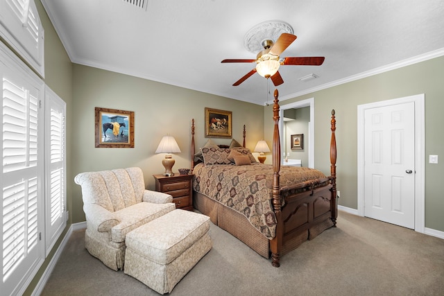 1310 Whispering Pines Dr, Houston, TX 77055 - carpeted bedroom with ornamental molding and ceiling fan