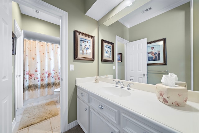 1310 Whispering Pines Dr, Houston, TX 77055 - bathroom featuring vanity, tile patterned flooring, curtained shower, and crown molding