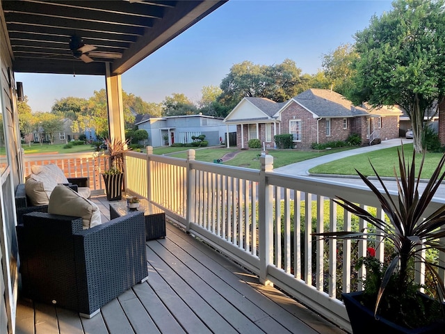 3359 Ozark St, Houston, TX 77021 - wooden terrace with a ceiling fan, a lawn, and a residential view