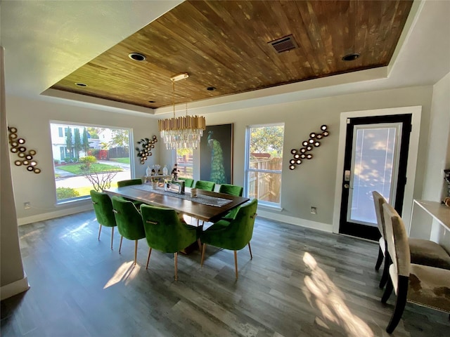 3359 Ozark St, Houston, TX 77021 - dining space with a tray ceiling, wood ceiling, wood finished floors, and a chandelier