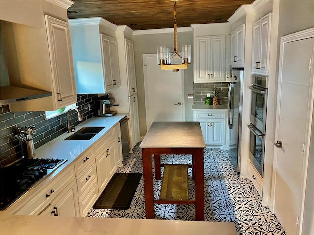 3359 Ozark St, Houston, TX 77021 - kitchen featuring stainless steel appliances, wooden ceiling, premium range hood, backsplash, and light countertops