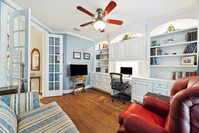 15410 Stable Star Cir, Cypress, TX 77429 - office area featuring built in desk, ceiling fan, dark wood-style flooring, and ornamental molding