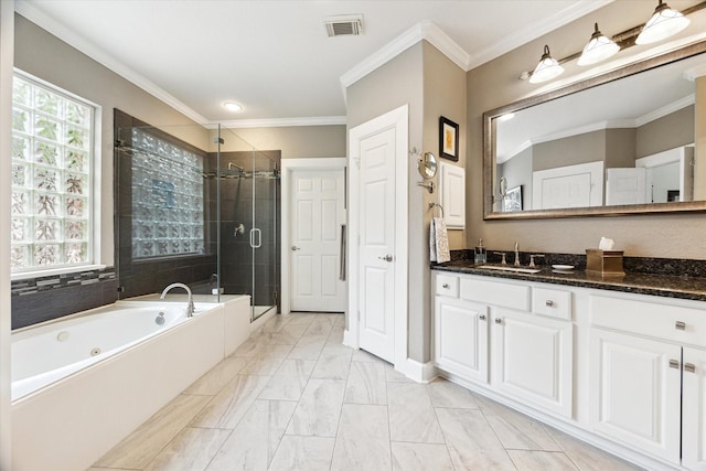 15410 Stable Star Cir, Cypress, TX 77429 - full bath with vanity, a tub with jets, a shower stall, marble look tiles, and ornamental molding